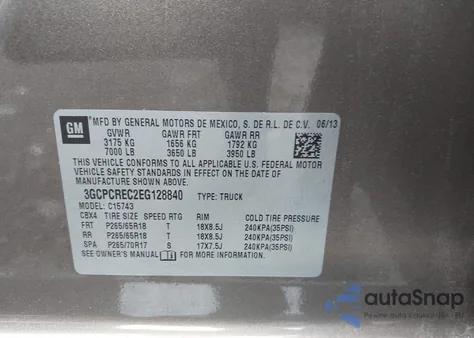 2014 Chevrolet Silverado 1500 1Lt из США, поврежденный, VIN 3GCPCREC2EG128840